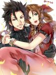  1boy 1girl aerith_gainsborough black_gloves black_hair blue_eyes bracelet brown_hair carrying couple cropped_jacket dress final_fantasy final_fantasy_vii gloves green_eyes grin hetero jewelry long_hair payot pink_dress princess_carry smile spiky_hair tama_(tmfy5) twitter_username zack_fair 