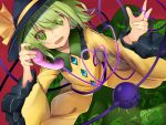  1girl efe floral_print green_eyes green_hair hat hat_ribbon heart heart_of_string jacket komeiji_koishi long_sleeves looking_at_viewer open_clothes open_jacket phone ribbon shirt skirt smile solo third_eye touhou urban_legend_in_limbo wide_sleeves 