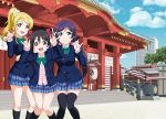  3girls :d ayase_eli black_hair black_legwear blazer blonde_hair blue_eyes bow building green_eyes hair_bow kneehighs knees_together_feet_apart looking_at_viewer love_live!_school_idol_project multiple_girls nico_nico_nii open_mouth outdoors purple_hair red_eyes school_uniform skirt smile tagme takamin_apaman temple thigh-highs toujou_nozomi twintails yazawa_nico zettai_ryouiki 