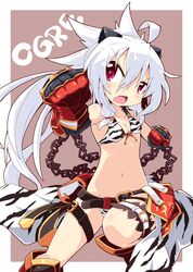  1girl ahoge belt bikini boots gloves horns knee_boots navel oni original red_eyes reku shiroko_(reku) solo swimsuit tiger_print 