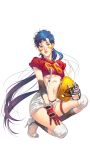  1girl bandaid bishoujo_senshi_sailor_moon blue_eyes blue_hair breasts earrings full_body gloves hair_down hakari1909 hand_on_own_thigh helmet high_heels highres jewelry kneeling long_hair number parted_lips red_gloves rugby_uniform seiya_kou shoes shorts solo sportswear suspenders sweat under_boob very_long_hair white_background white_shoes 