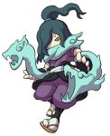  artist_request black_gloves fingerless_gloves full_body gloves green_hair hair_over_one_eye highres japanese_clothes official_art orochi_(youkai_watch) sandals simple_background sleeveless solo white_background yellow_eyes youkai youkai_watch 