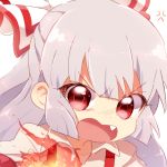  1girl anger_vein bow fire fujiwara_no_mokou hair_bow hair_ribbon long_hair lowres ngry open_mouth red_eyes ribbon silver_hair six_(fnrptal1010) solo suspenders touhou 
