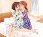  2girls barefoot bed brown_eyes brown_hair collarbone curtains dress eye_contact hair_ornament hairclip indoors jewelry kneeling looking_at_another multiple_girls necklace open_mouth original pillow ponytail sitting smile syou_(endemic_species) toes yuri 