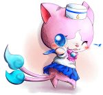  blue_eyes blue_skirt blush cat fangs from_behind full_body hat looking_back multiple_tails murufu no_humans one_eye_closed open_mouth pleated_skirt sailornyan school_uniform serafuku skirt solo standing star tail two_tails white_background youkai youkai_watch 