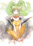  1girl bishoujo_senshi_sailor_moon breasts c.c. cleavage code_geass creayus dress dress_tug green_hair jewelry luna_(sailor_moon) luna_(sailor_moon)_(cosplay) necklace orange_dress simple_background sleeveless solo white_background yellow_eyes 