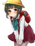  1girl absurdres backpack bag bangs blunt_bangs blush bob_cut bowtie braid brown_eyes collared_shirt cowboy_shot furumachi_kyuu green_hair grey_legwear hat highres kantai_collection looking_at_viewer pantyhose pleated_skirt purple_skirt randoseru school_hat school_uniform shirt short_hair simple_background skirt solo takanami_(kantai_collection) v_arms white_background white_shirt 