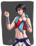  1girl absurdres black_hair brown_eyes dougi highres lips makoto_(street_fighter) midriff navel nose short_hair small_breasts smile solo sports_bra street_fighter toned towel towel_around_neck wrist_wraps yu_(sgyu) 