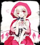  1girl asymmetrical_hair background_text blonde_hair blush border bow cierra_(ra-bit) corset cosplay crystal flandre_scarlet frills heart hood jpeg_artifacts little_red_riding_hood little_red_riding_hood_(cosplay) looking_at_viewer open_mouth puffy_sleeves red_eyes shirt short_sleeves skirt smile solo text touhou white_background wings 