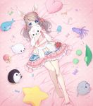  &gt;_&lt; 1girl :3 animal_ears bangs barefoot blue_eyes blush borrowed_character braid brown_hair candy candy_cane cottonee_(cottoneeh) cushion dress flower full_body heart lollipop long_hair looking_at_viewer lying object_hug on_back original red_rose rimuu rose smile solo star stuffed_animal stuffed_cat stuffed_penguin stuffed_seal stuffed_squid stuffed_toy stuffed_whale swept_bangs swirl_lollipop teddy_bear 