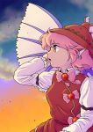  1girl animal_ears arm_garter arm_up bow bowtie clouds earrings evening hat jewelry long_sleeves mystia_lorelei pink_bow pink_hair profile short_hair sky solo sunset touhou twilight wings yamami-hosyo 