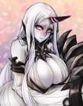  1girl bare_shoulders breast_hold breasts claws cleavage_cutout constricted_pupils detached_sleeves gomasionori huge_breasts kantai_collection long_hair looking_at_viewer pale_skin red_eyes seaport_water_oni shinkaisei-kan solo straight_hair sweater_dress very_long_hair white_hair white_skin 