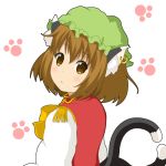  1girl :&gt; animal_ears brown_eyes brown_hair cat_ears cat_tail chen dress green_hat jewelry lowres miicha mob_cap multiple_tails nekomata red_dress short_hair simple_background single_earring solo tail touhou two_tails white_background 