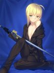  1girl ahoge black_gloves blonde_hair blush breasts business_suit cleavage excalibur fate/zero fate_(series) formal gloves green_eyes looking_at_viewer off_shoulder open_clothes saber sitting small_breasts solo suit sword type-moon weapon yangsion 