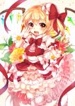  1girl blonde_hair bow fang flandre_scarlet flower highres looking_at_viewer mini_hat open_mouth paragasu_(parags112) puffy_short_sleeves puffy_sleeves red_eyes sash shirt short_sleeves side_ponytail skirt smile solo standing_on_one_leg thigh-highs touhou white_legwear wings wrist_cuffs zettai_ryouiki 