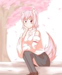  1girl animal_ears bare_shoulders black_legwear blush breasts chikinman detached_sleeves inubashiri_momiji looking_at_viewer no_hat pom_pom_(clothes) red_eyes ribbon-trimmed_sleeves ribbon_trim short_hair silver_hair smile solo tail touhou wolf_ears wolf_tail 