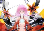  1girl bare_shoulders breasts center_opening cleavage closed_eyes detached_sleeves elbow_gloves fingerless_gloves gloves guilty_crown hair_ornament hairclip hands_on_own_chest highres long_hair navel open_mouth pink_hair solo trix_(walpurgis999) twintails yuzuriha_inori 