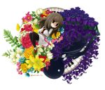  1girl ankle_boots book boots brown_hair deemo deemo_(character) dress flower flower_request full_body girl_(deemo) holding holding_book komekomen_(kokosuke) long_hair looking_at_another pantyhose rotational_symmetry 