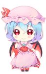  1girl bat_wings blue_hair bow chibi hat hat_bow mob_cap ogata_hisano red_bow remilia_scarlet short_hair short_sleeves simple_background smile solo touhou white_background wings wrist_cuffs 