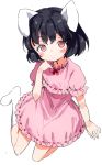  1girl animal_ears black_hair blush dress gomibox inaba_tewi lace-trimmed_skirt looking_at_viewer pink_dress rabbit_ears red_eyes short_hair simple_background sitting socks solo touhou white_background 