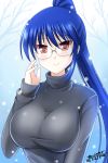  1girl absurdres adjusting_glasses artist_name blue_hair blush breasts dated glasses highres large_breasts long_hair original ponytail red_eyes smile snowing solo the-sinner turtleneck upper_body very_long_hair 