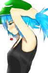  1girl adjusting_hair black_eyes blue_hair blush fanks hair_bobbles hair_ornament hands_in_hair hat highres kawashiro_nitori mouth_hold profile short_hair simple_background sketch small_breasts solo tank_top touhou tying_hair upper_body white_background 
