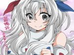  1girl bare_shoulders detached_sleeves grey_eyes hair_ribbon highres jenigata long_hair personification pokemon ribbon smile togekiss translation_request twintails white_hair 