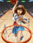  3girls asahina_mikuru basketball basketball_court basketball_hoop bob_cut brown_eyes brown_hair doyora hairband jumping long_hair midriff multiple_girls nagato_yuki open_mouth revision school_uniform short_hair silver_hair solo_focus suzumiya_haruhi suzumiya_haruhi_no_yuuutsu 