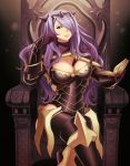  1girl book breasts camilla_(fire_emblem_if) cleavage crossed_legs curly_hair fire_emblem fire_emblem_if gauntlets highres long_hair looking_at_viewer purple_hair quest_(artist) sitting solo throne violet_eyes 