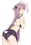  1girl alternate_hairstyle animal_ears ass back black_bra black_panties blush bow bra bunny_tail geppewi hair_bow hair_ornament lavender_hair lingerie long_hair looking_at_viewer looking_back miniskirt open_mouth panties rabbit_ears red_eyes reisen_udongein_inaba simple_background skirt solo tail tears touhou twintails underwear very_long_hair white_background 