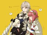  ! 1boy 2girls armor blonde_hair brother_and_sister cape earrings fire_emblem fire_emblem_if hair_between_eyes hair_ornament hair_ribbon hairband holding_arm jewelry long_hair multiple_girls my_unit_(fire_emblem_if) red_eyes ribbon sakura_(fire_emblem_if) short_hair siblings simple_background smile twintails violet_eyes 