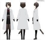  1girl animal_ear_fluff bangs black_footwear black_gloves black_legwear black_skirt boots brown_eyes brown_hair character_sheet coat collar full_body gloves highres hyona_elatiora id_card jun_project labcoat leaning_back long_sleeves midriff_peek multiple_views navel nijisanji nijisanji_id official_art panther_ears panther_girl panther_tail pantyhose short_hair skirt smile standing virtual_youtuber white_background white_coat 