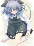  1girl animal_ears bent_over blush capelet closed_eyes grey_hair ishikkoro jewelry long_sleeves mouse_ears mouse_tail nazrin necklace shirt short_hair skirt skirt_set socks solo tail touhou vest white_legwear 