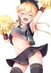  1girl adapted_costume arm_up armpits black_legwear blonde_hair blush breasts cheering cheerleader closed_eyes elbow_gloves gloves hat highres igakusei kantai_collection long_hair low_twintails midriff miniskirt navel no_bra open_mouth pom_poms prinz_eugen_(kantai_collection) shirt skirt sleeveless sleeveless_shirt smile solo sweat thigh-highs twintails under_boob upshorts wind_lift zettai_ryouiki 
