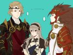  1girl 2boys armor blonde_hair brother_and_sister brown_hair cape fire_emblem fire_emblem_if gloves hair_between_eyes hairband headgear long_hair marx_(fire_emblem_if) multiple_boys my_unit_(fire_emblem_if) playing_with_own_hair pointy_ears ryouma_(fire_emblem_if) shoulder_pads siblings very_long_hair 