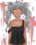 1girl collarbone dark_skin grey_hair isshiki_(ffmania7) long_hair looking_at_viewer messy_hair off_shoulder open_mouth original sketch small_breasts solo strap_slip tank_top tongue twintails yellow_eyes 