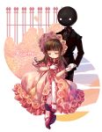  1girl bonnet closed_eyes deemo deemo_(character) dress formal frills girl_(deemo) harrymiao highres holding_hands lolita_fashion mary_janes pink_dress shoes sitting suit 
