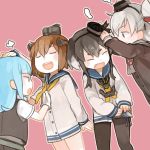  4girls amatsukaze_(kantai_collection) anchor black_legwear blue_eyes brown_hair closed_eyes fang glider_(artist) hair_tubes hand_on_another&#039;s_head hat hatsukaze_(kantai_collection) kantai_collection lifebuoy long_hair multiple_girls open_mouth pantyhose sailor_collar sailor_dress short_hair silver_hair tokitsukaze_(kantai_collection) two_side_up yukikaze_(kantai_collection) 