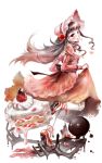  1girl brown_hair cake castle chocolate deemo deemo_(character) dress food girl_(deemo) highres lolita_fashion looking_at_viewer looking_back pink_dress skirt skirt_lift smile stepping vesta_(delaurant02) 