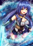  1girl :d blue_hair breasts cleavage detached_sleeves fingerless_gloves gauntlets gloves kanzaki_kureha large_breasts long_hair low-tied_long_hair open_mouth original side_glance skirt smile sword very_long_hair weapon yellow_eyes 