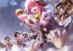  4girls animal_ears bell bell_collar black_hair collar cow cow_ears cow_print cow_tail highres holding hoodie kamogawa_shuujin multiple_girls navel open_mouth redhead smile snow snowflakes snowman tail 
