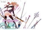  1girl animal_ears ass blue_eyes braid brown_hair butt_crack dual_wielding garter_straps high_heels leaning_forward original panties polearm solo spear staff sword tachibana_yuu tail thigh-highs twintails underwear weapon 