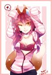  1girl animal_ears bra breasts caster_(fate/extra) cleavage collarbone fate/extra fate_(series) fox_ears fox_tail hair_ribbon heart looking_at_viewer one_eye_closed open_clothes pink_bra pink_hair puyue ribbon solo speech_bubble tail twintails underwear yellow_eyes 