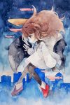  1girl ankle_boots boots brown_hair cityscape deemo fish floating floating_hair girl_(deemo) highres long_hair looking_away mukai_nemui profile solo tapir traditional_media watercolor_(medium) 