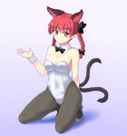  1girl animal_ears bare_arms bare_shoulders black_legwear bow braid breasts cat_ears cat_tail cleavage detached_collar extra_ears gomi_(gomitin) hair_bow kaenbyou_rin kittysuit kneeling large_breasts leotard multiple_tails pantyhose red_eyes redhead smile solo tail touhou twin_braids wrist_cuffs 