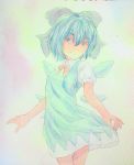  1girl blue_eyes blue_hair bow cirno cowboy_shot hair_between_eyes hair_bow highres ice ice_wings looking_at_viewer neck_ribbon pink_background puffy_short_sleeves puffy_sleeves ribbon short_hair short_sleeves skirt_hold smile solo touhou traditional_media watercolor_(medium) wings yuyu_(00365676) 