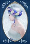  1girl bare_shoulders closed_eyes earrings eyelashes feather_earrings flower framed from_side jewelry necklace original short_hair silver_hair solo suda_ayaka wreath 