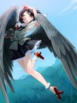  1girl arm_up bird_wings black_hair black_wings bow brown_eyes camera chabi_(amedama) flying full_body geta hat jpeg_artifacts one_eye_closed pom_pom_(clothes) puffy_sleeves shameimaru_aya shirt short_hair short_sleeves skirt sky socks solo string tengu-geta tokin_hat touhou white_legwear wings 