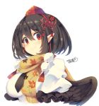  1girl bird_wings black_hair black_wings blush dated flower hat iroyopon leaf_print looking_at_viewer necktie pointy_ears pom_pom_(clothes) puffy_sleeves red_eyes scarf shameimaru_aya shirt short_hair short_sleeves signature simple_background smile solo string tokin_hat touhou upper_body white_background wings 