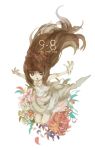  1girl :o brown_hair deemo dress falling flower girl_(deemo) heidyw highres long_hair outstretched_arms solo song_name spread_arms 
